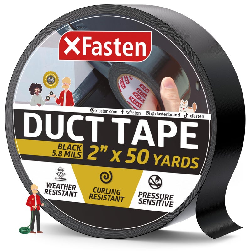 XFasten Black Duct Tape, Packaging Tape, Heavy Duty Box Tape for Shipping Supplies, 2 Inches x 50 Yards, 5.8 Mil, All-Weather Repair & Packing - Image 1